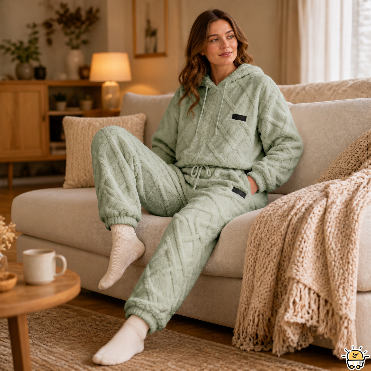 Light green 3D embossed lounge set with hooded sweatshirt and drawstring joggers