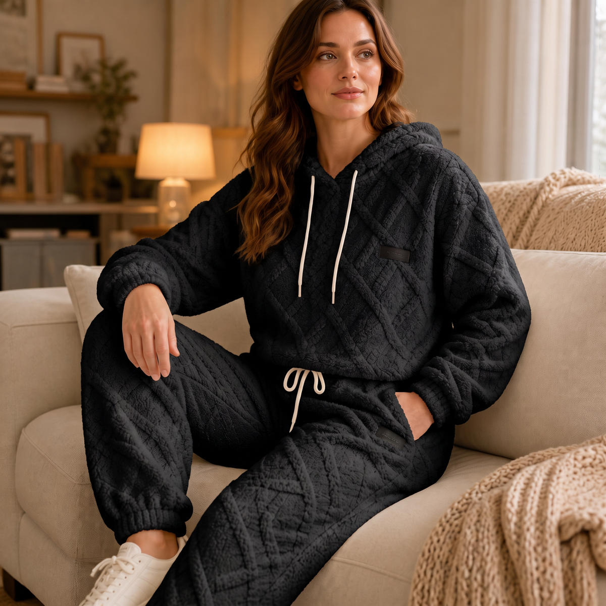 Black 3D embossed hoodie and matching jogger lounge set with drawstring waist