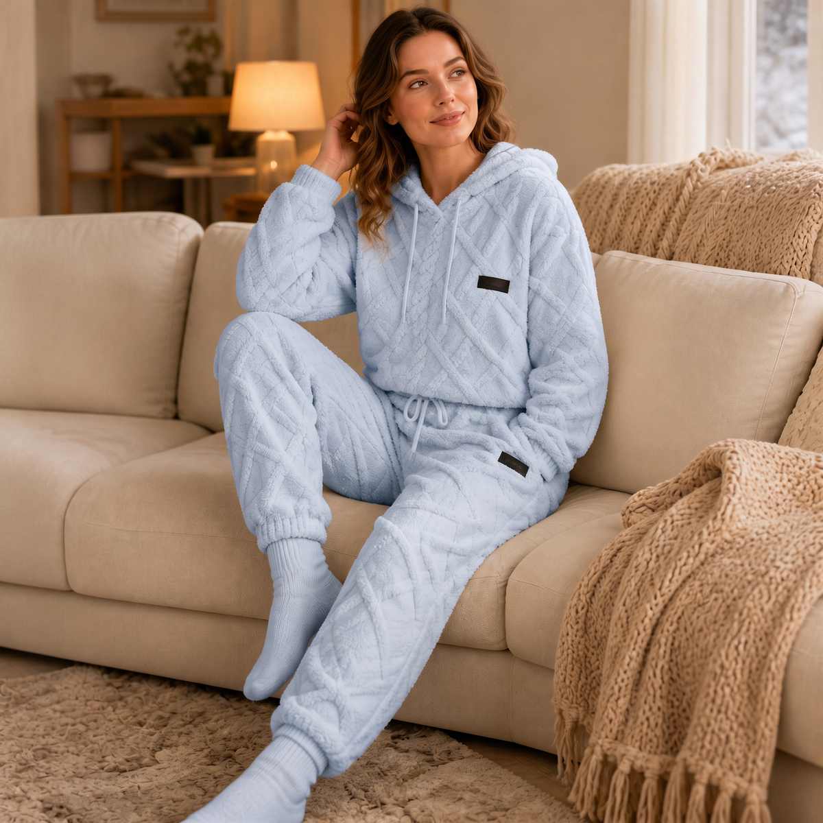 Light blue 3D embossed hoodie and jogger lounge set with drawstring waist
