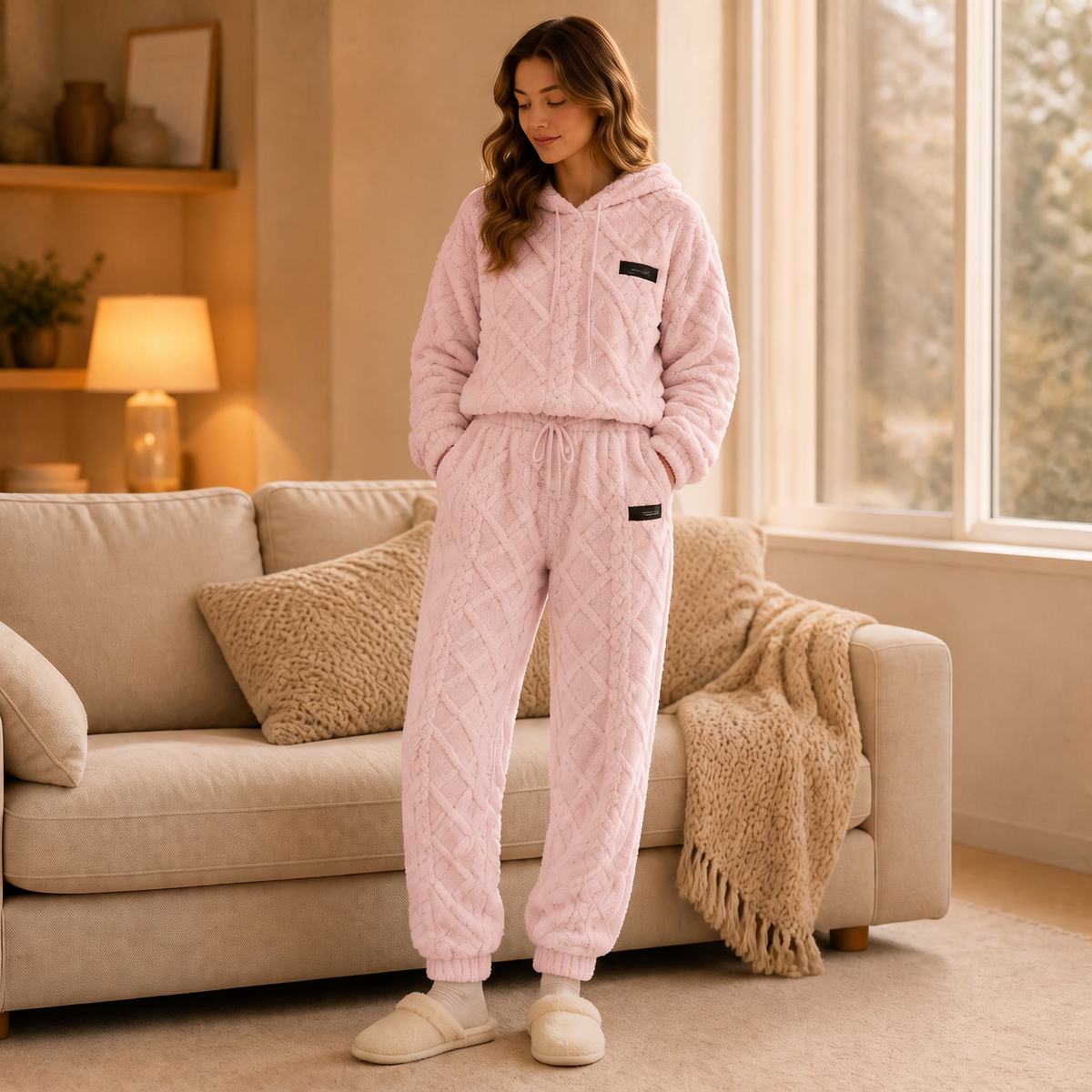 Blush pink 3D embossed hoodie and jogger lounge set with drawstring waist