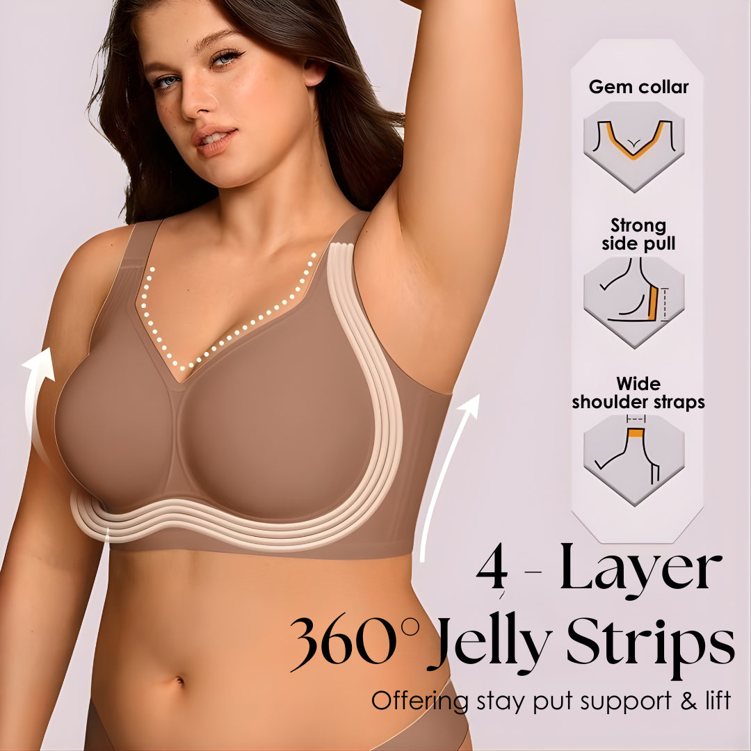 Brown wirefree bra with layered support bands around the cups and wide shoulder straps.