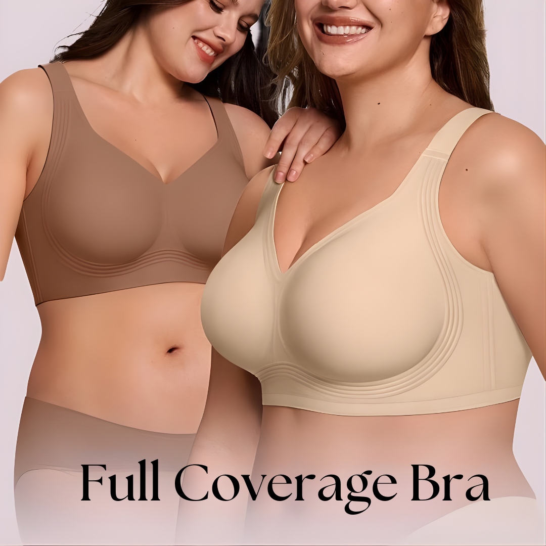 Wirefree bras in brown and beige, each with wide straps and smooth full-coverage cups.