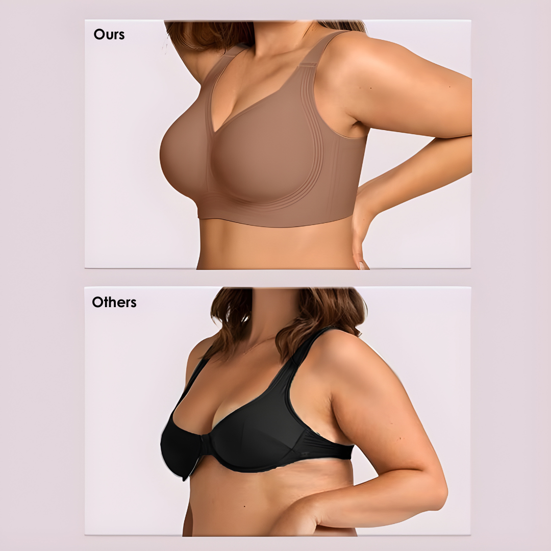 Brown wirefree bra shown in a side-fit comparison with a black bra.