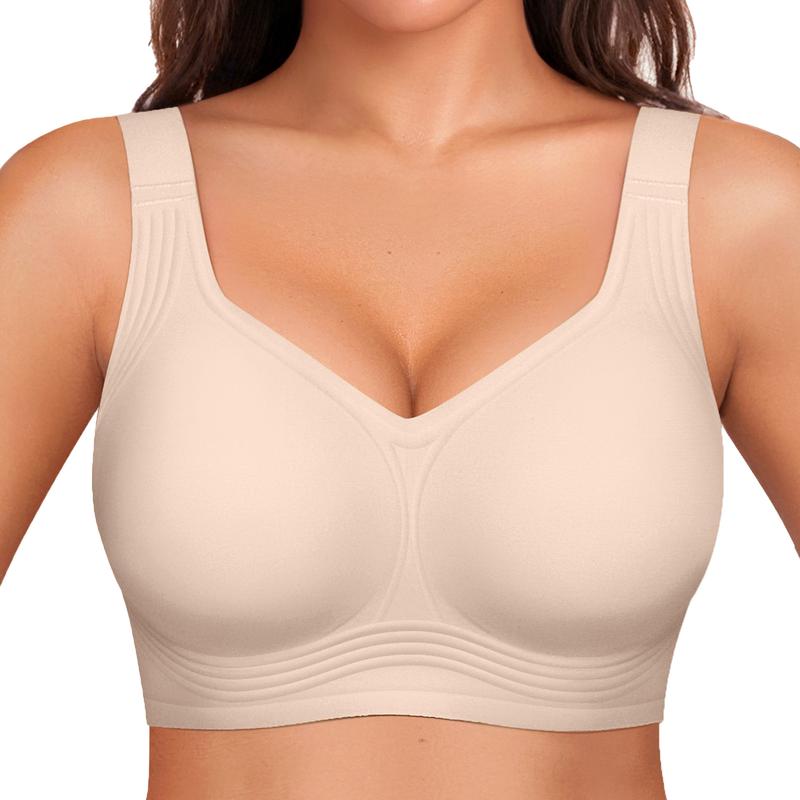 Nude wirefree bra with wide straps, molded cups, and layered band detail