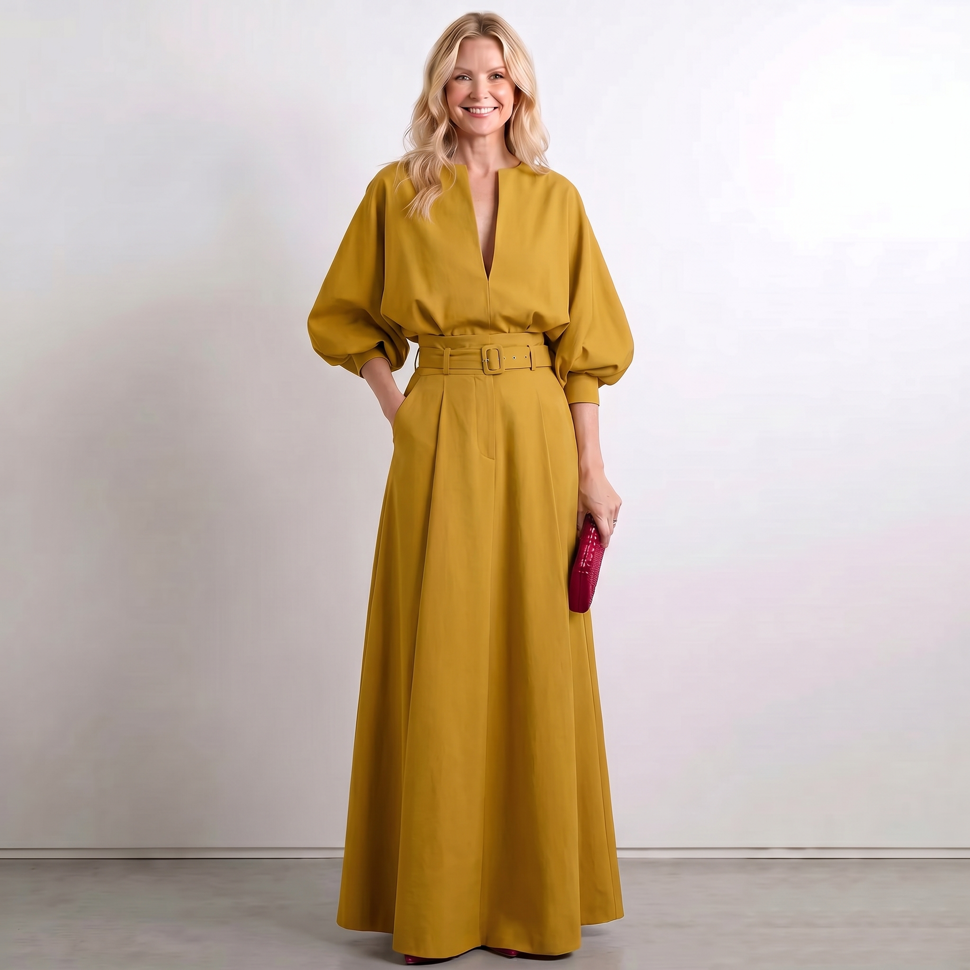 Ginger yellow A-line maxi dress with short puff sleeves and V neckline, belted waist