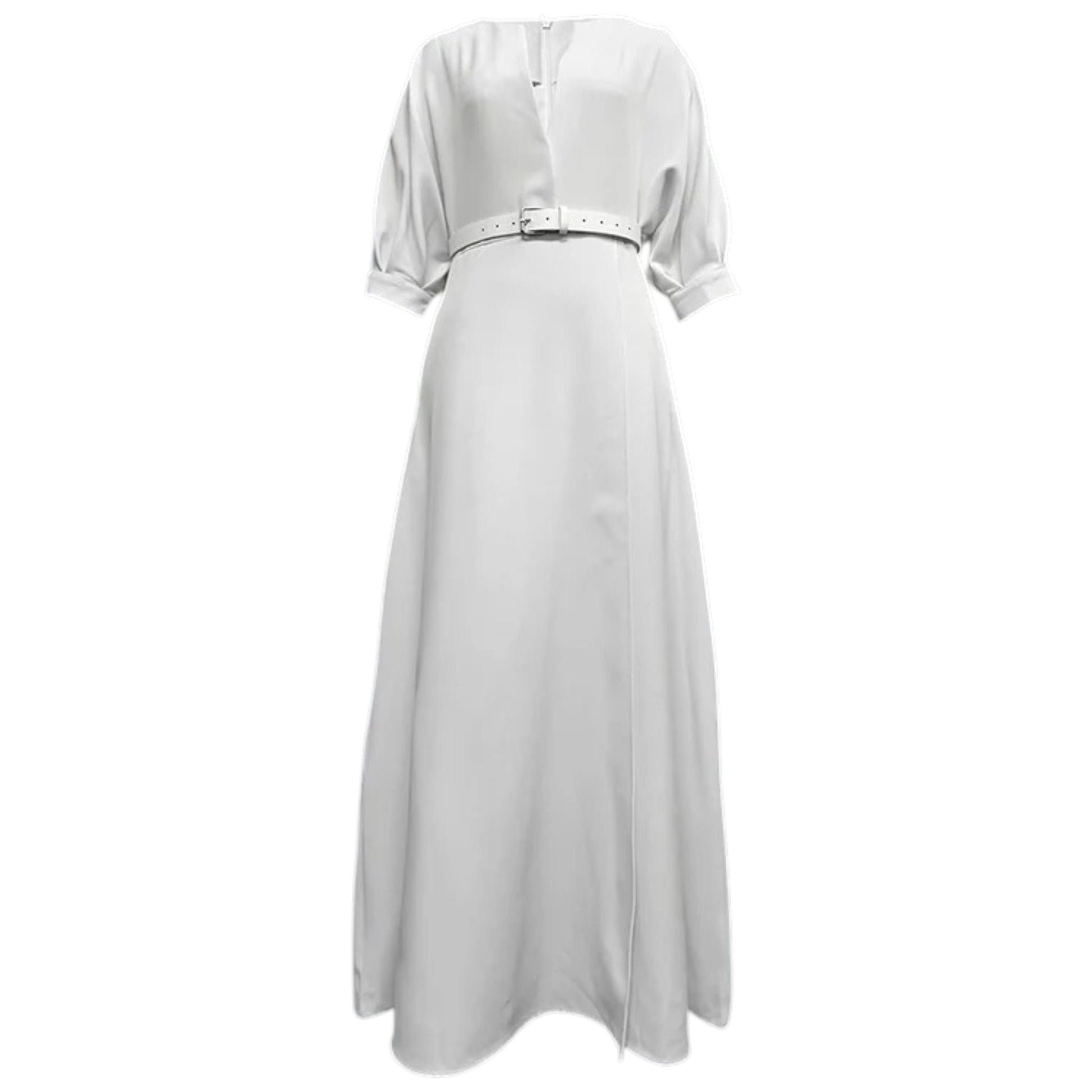 White A-line maxi dress back with belted waist and three-quarter sleeves