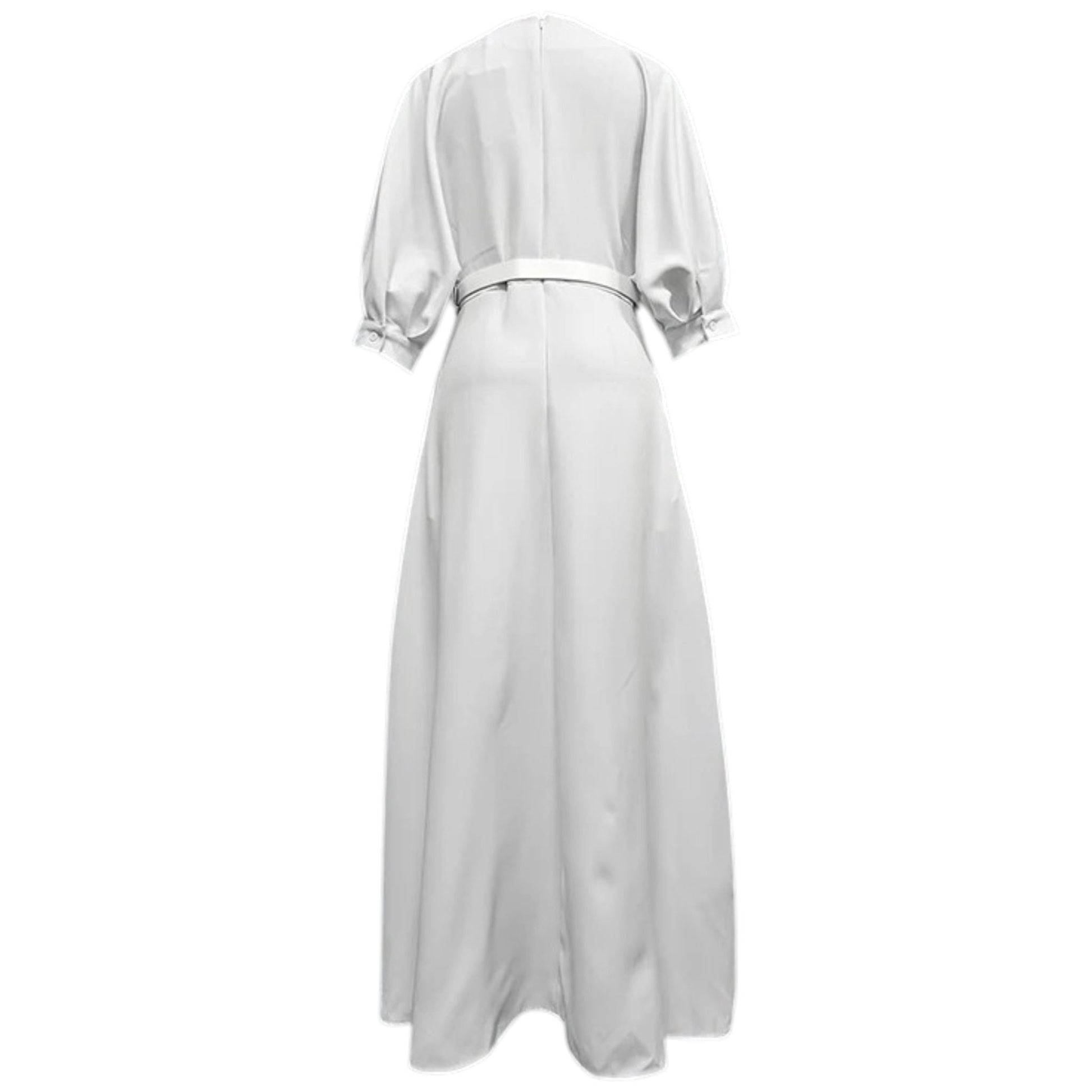 White A-line maxi dress back view with belted waist and three-quarter sleeves