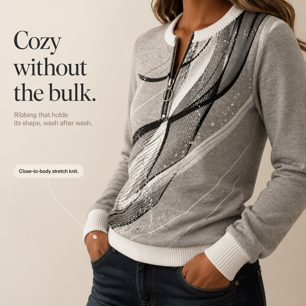 Gray abstract print half-zip sweatshirt with white ribbed cuffs and zipper placket