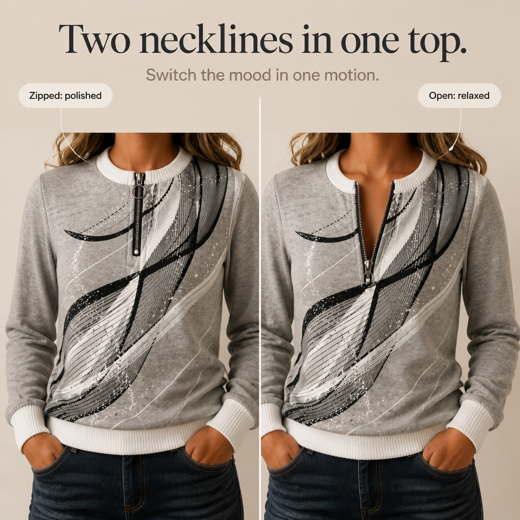 Gray abstract print half-zip sweatshirt, split view of zipped vs open neck