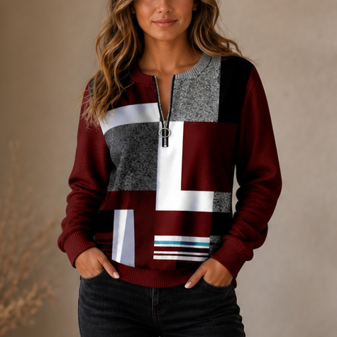 Burgundy half-zip sweatshirt with white and black colorblock abstract stripes