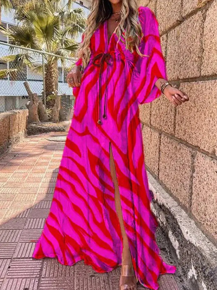 Rose red abstract print maxi dress with kimono sleeves and full length, ruffle hem