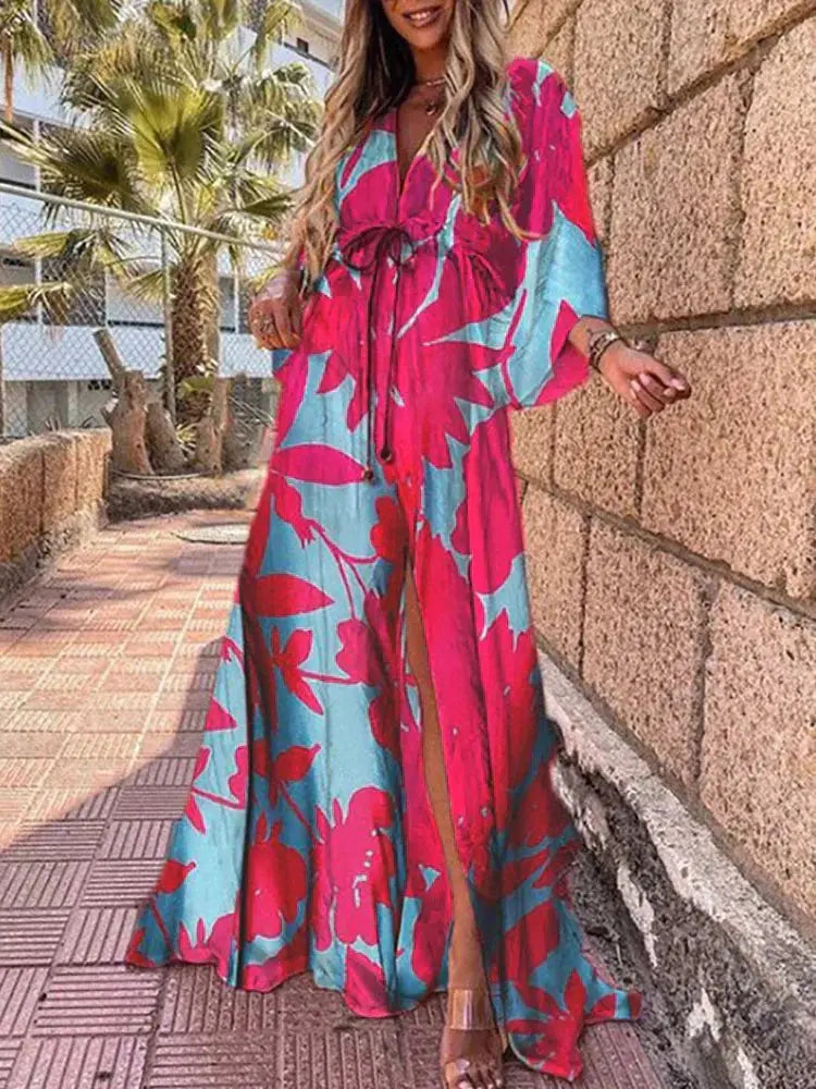 Fuchsia and teal abstract print maxi dress with kimono sleeves and gathered waist