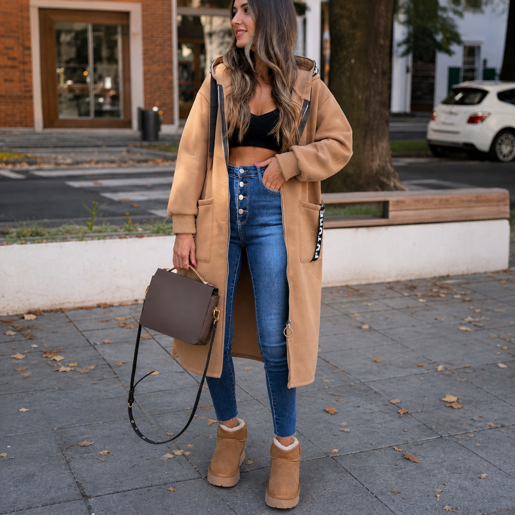 Beige longline hooded coat with alphabet patchwork text trim at sleeves