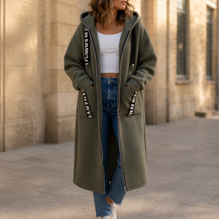 Olive green zip-up hooded jacket with black letter tape on front pockets