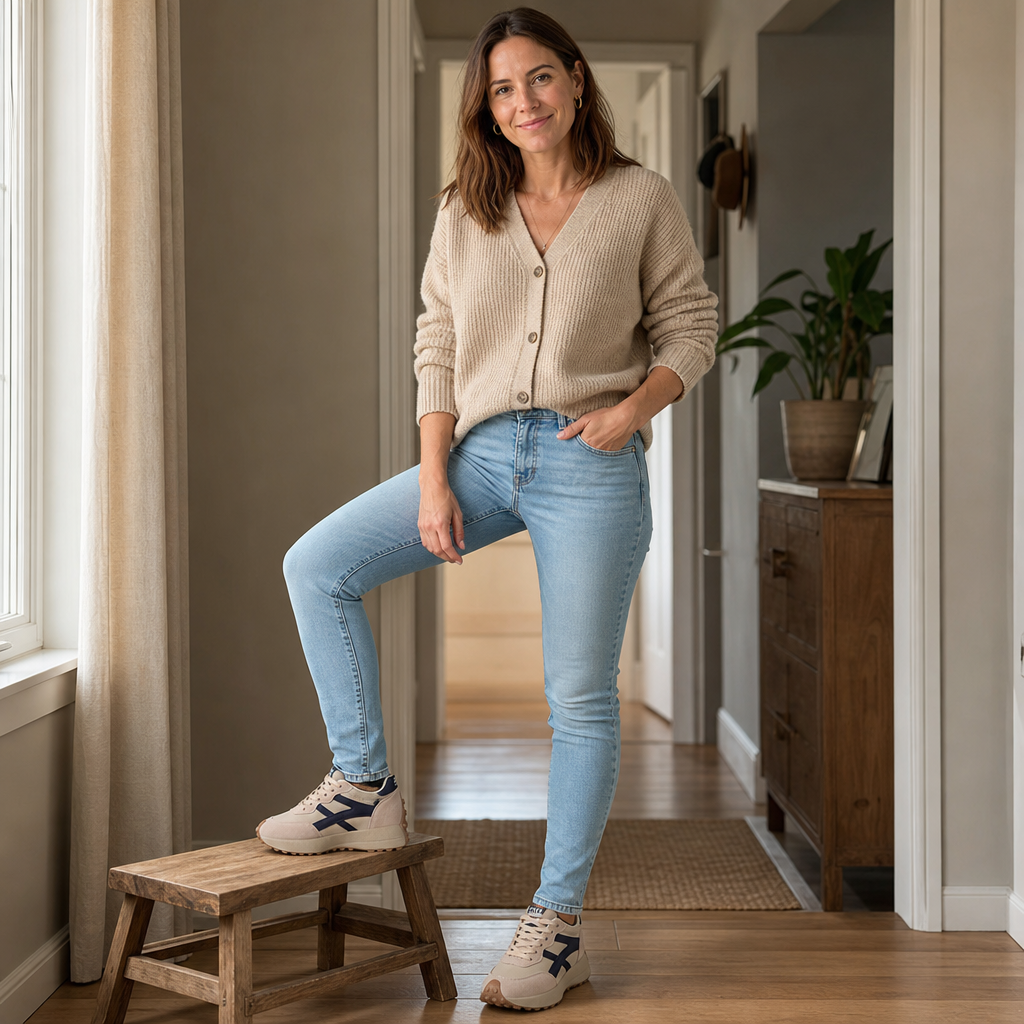 Beige and navy platform sneakers worn with blue jeans, lace-up design.