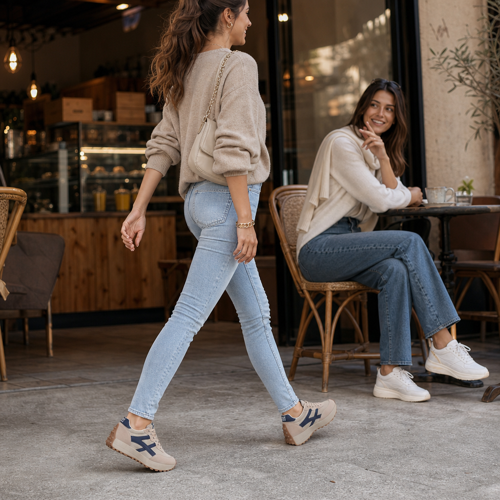 Beige and navy lace-up platform sneakers with textured anti-slip outsole.
