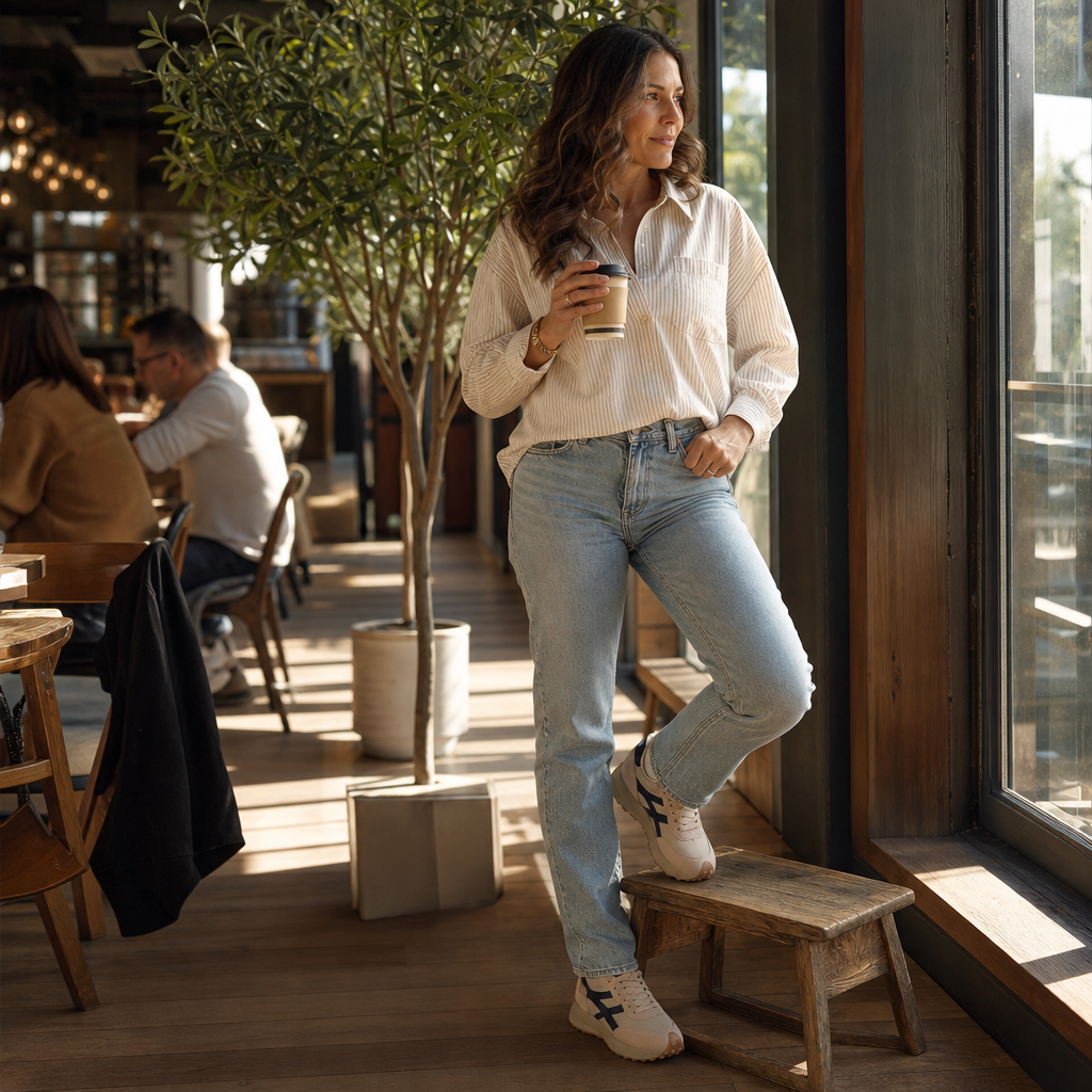 Beige and navy anti-slip platform sneakers on a seated bench, lace-up style.