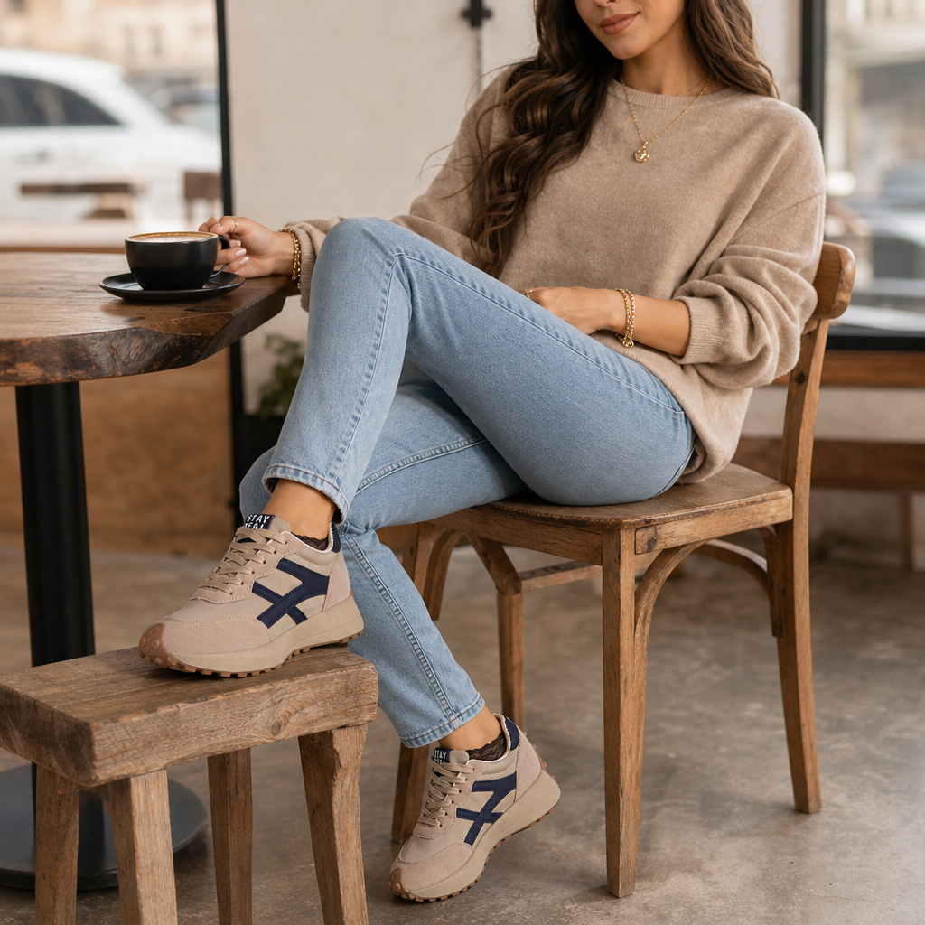 Beige and navy anti-slip platform sneakers, lace-up with rugged outsole detail.