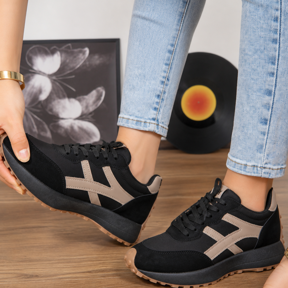Black platform sneakers with beige side stripes, lace-up with textured grip sole