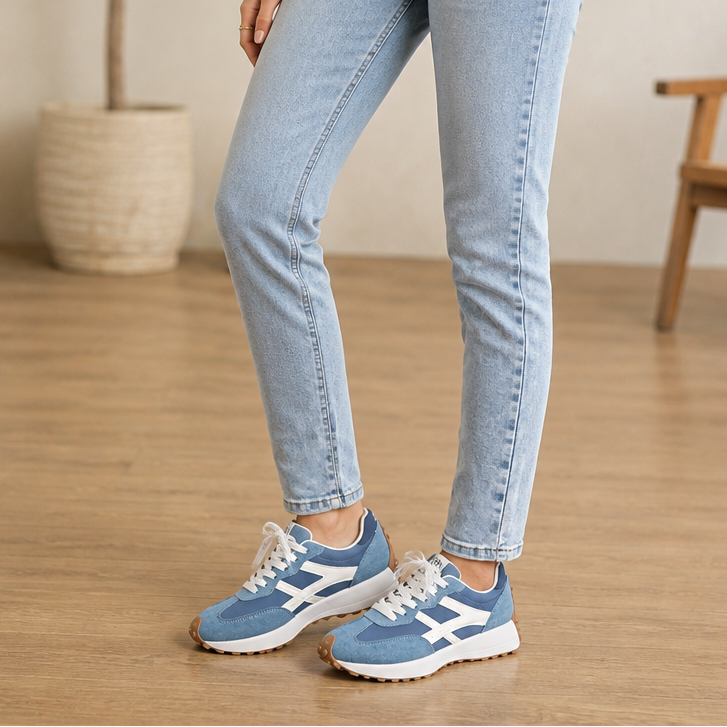 Blue platform sneakers with white stripes, lace-up shoes with textured grip sole