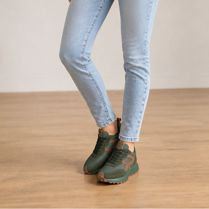 Green platform sneakers with rugged tread sole, lace-up athletic shoes
