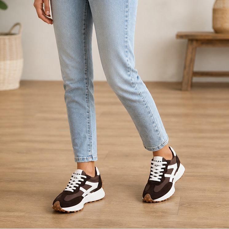 Brown and black platform sneakers with white laces, textured grip sole
