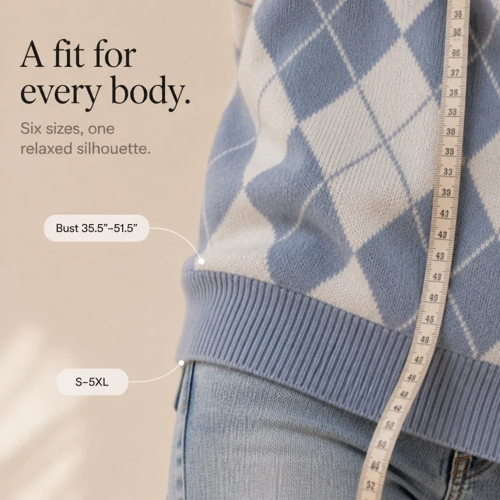 Blue and cream argyle knit sweater with a wide ribbed hem.