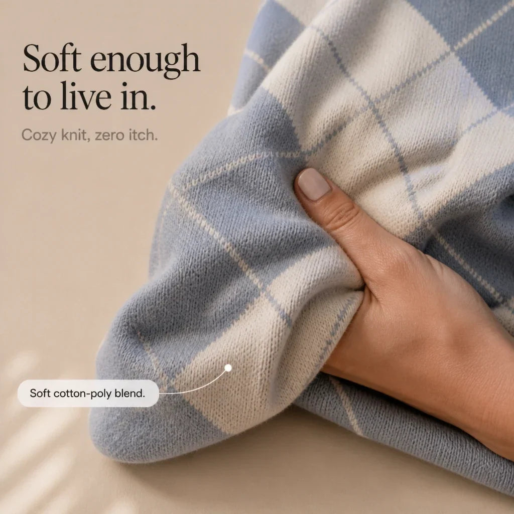 Close-up of the soft blue and cream argyle knit fabric and sleeve.