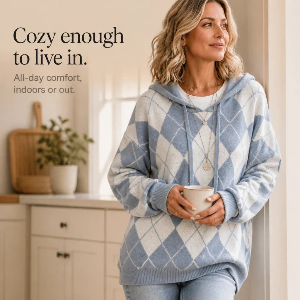 Relaxed blue and cream argyle hooded sweater with ribbed cuffs and hem.