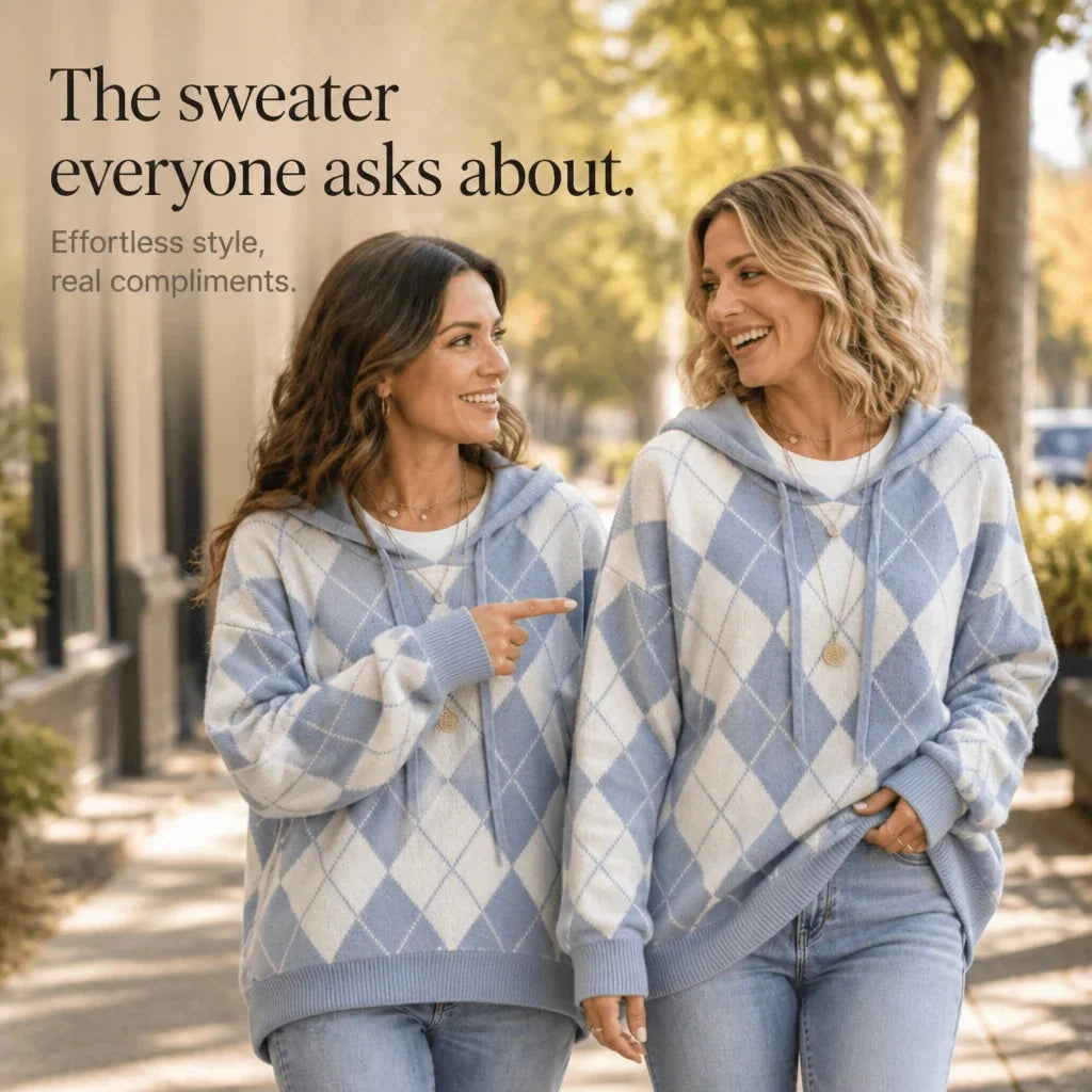 Two women wearing blue and cream argyle hooded knit sweaters with ribbed trim.