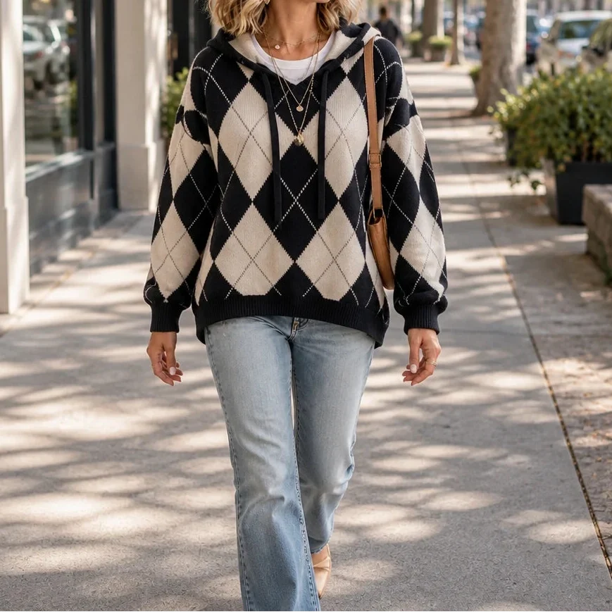 Black and cream argyle hooded knit sweater with drawstrings and ribbed trim