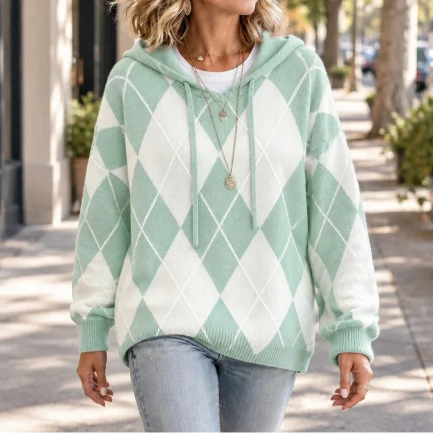 Mint green and cream argyle hooded knit sweater with drawstrings