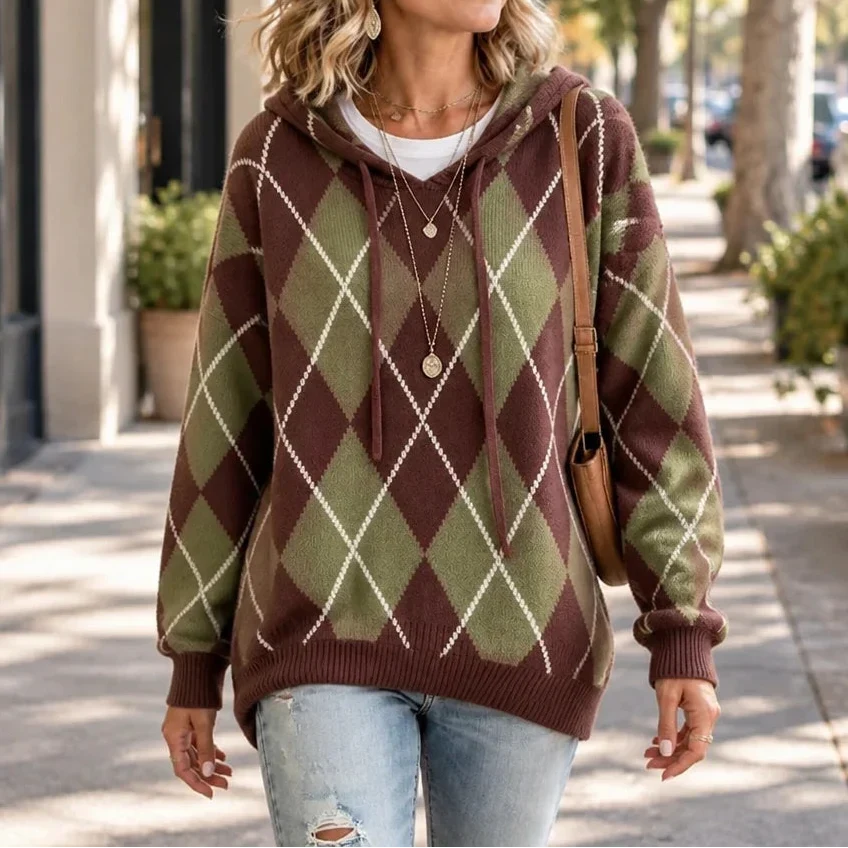 Olive and brown argyle hooded knit sweater with drawstrings