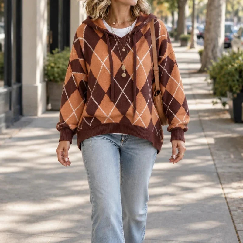 Rust and brown argyle hooded knit sweater with drawstrings and ribbed trim