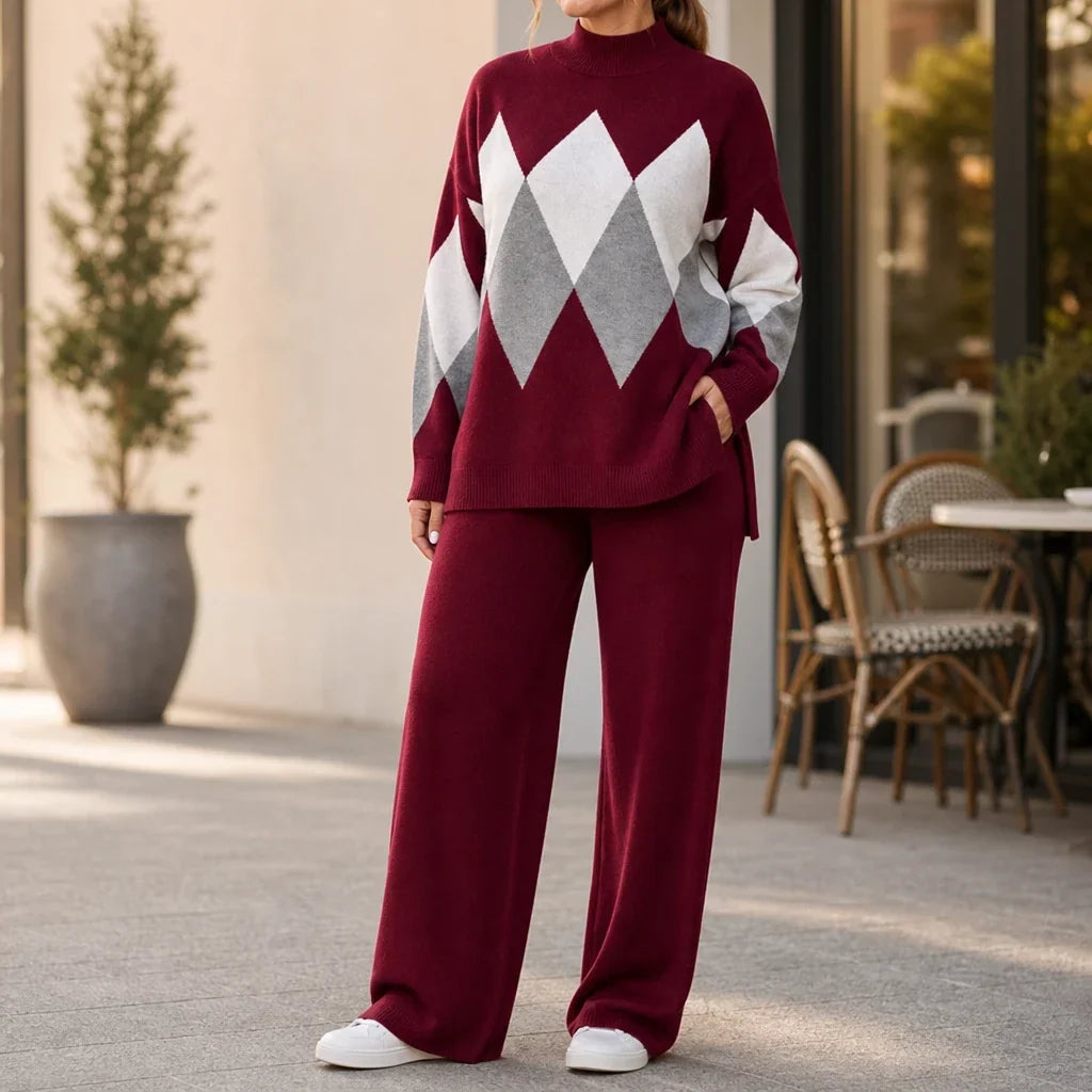 Burgundy argyle knit sweater and wide-leg trouser set with relaxed fit