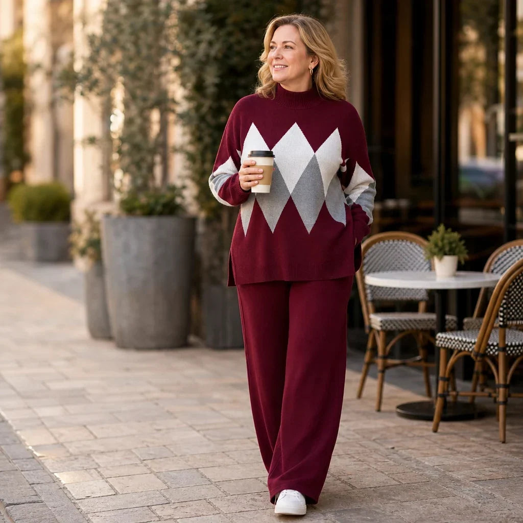 Argyle sweater and wide-leg trouser set in burgundy, white, and gray