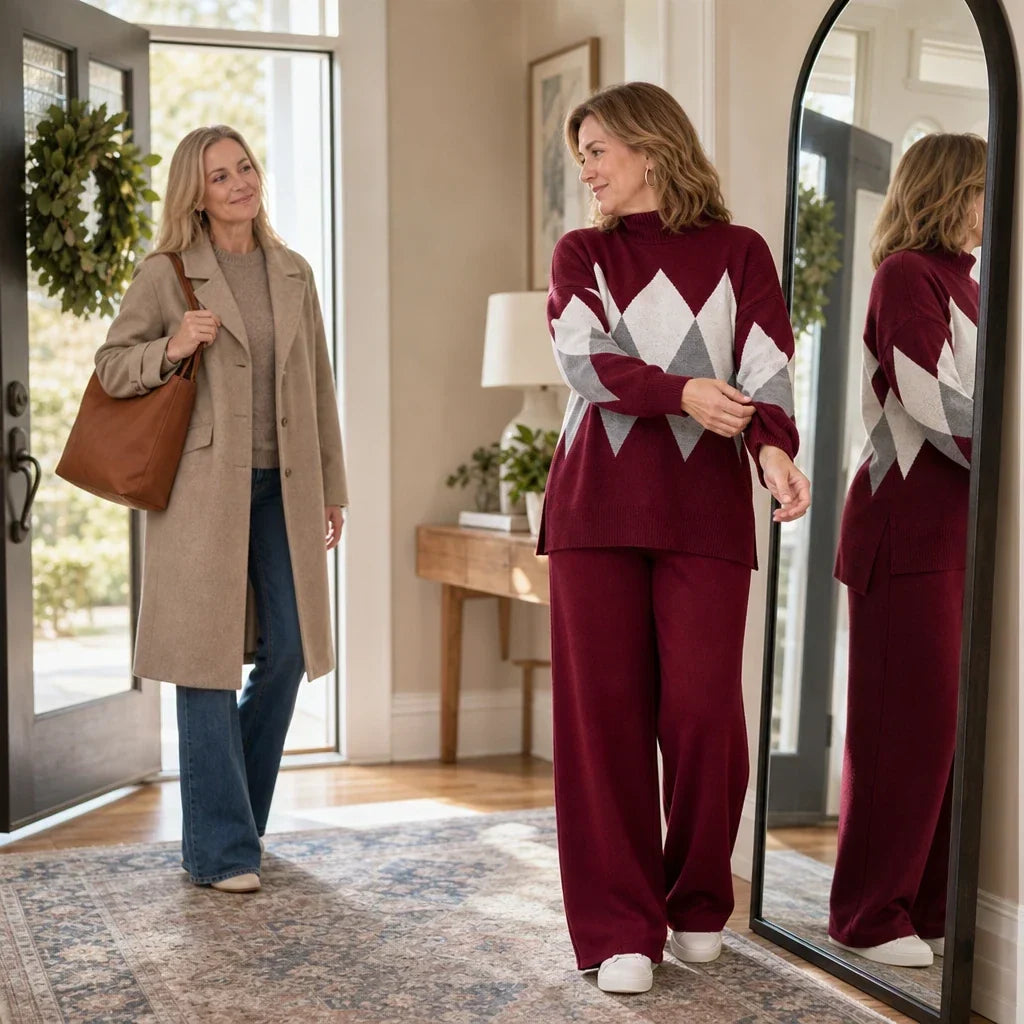 Burgundy matching knit set with long-sleeve argyle sweater and wide-leg pants