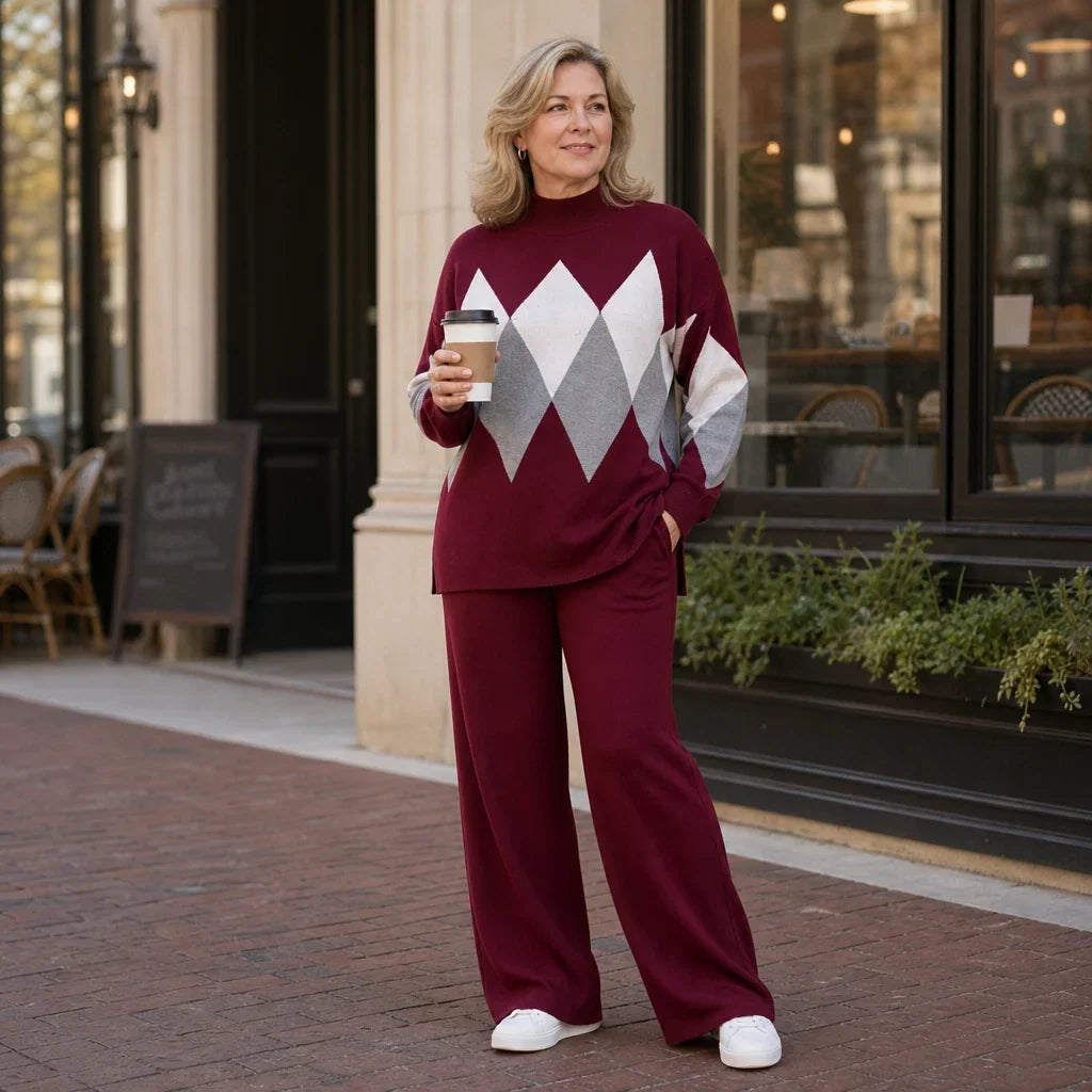 Burgundy knit set with high-neck argyle sweater and wide-leg trousers