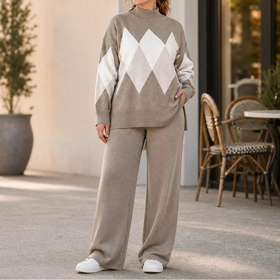 Khaki argyle sweater and wide-leg trouser set with a relaxed fit