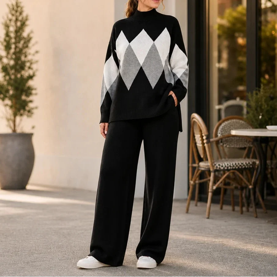 Black argyle knit sweater and wide-leg trousers with contrasting diamond panels
