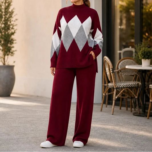 Burgundy argyle sweater and matching wide-leg trousers