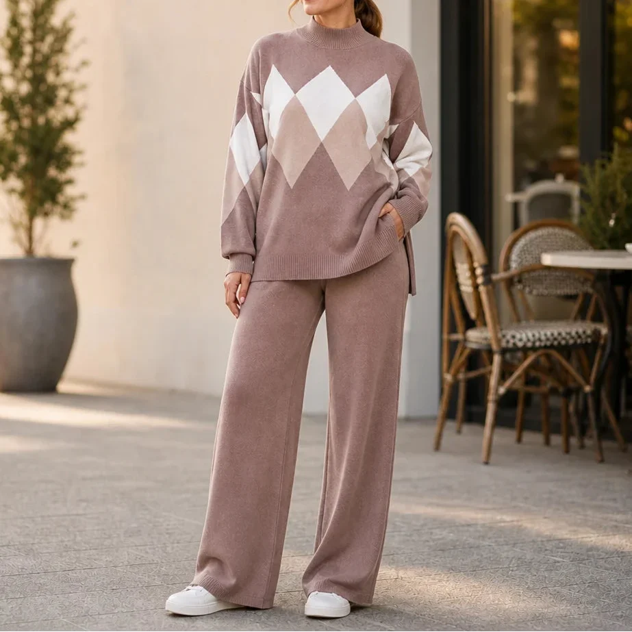 Dusty pink argyle sweater and matching wide-leg trousers
