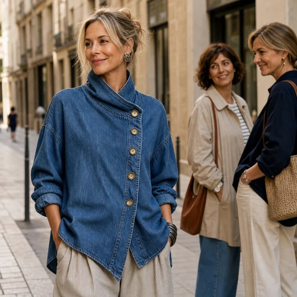 Blue asymmetric denim-look jacket with buttons, a high collar, and a loose fit