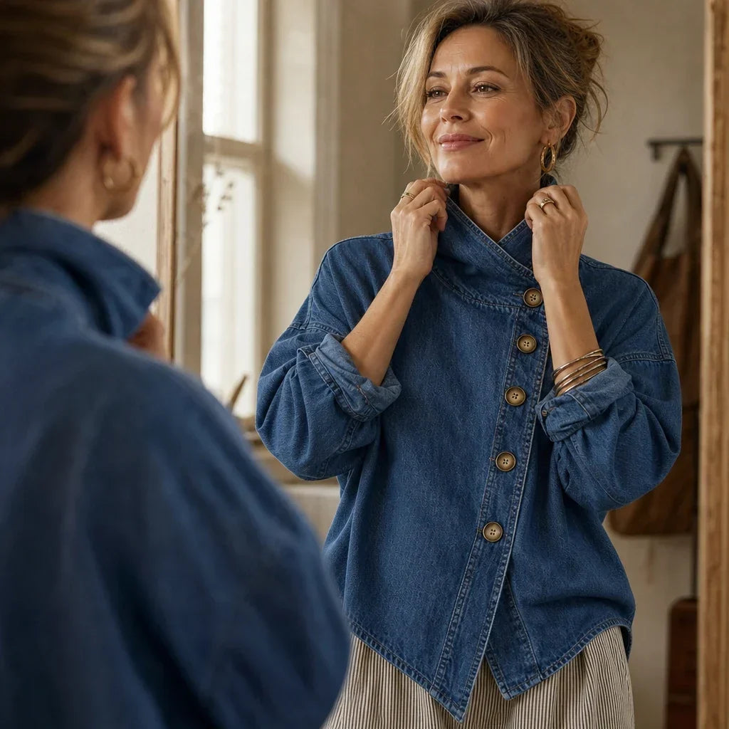 Blue jacket with an asymmetric button front and folded stand collar