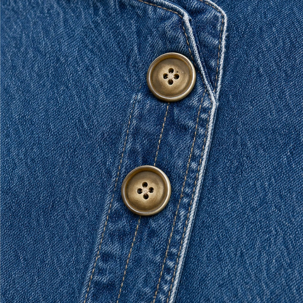 Close-up of the jacket's brass-tone buttons and stitched placket