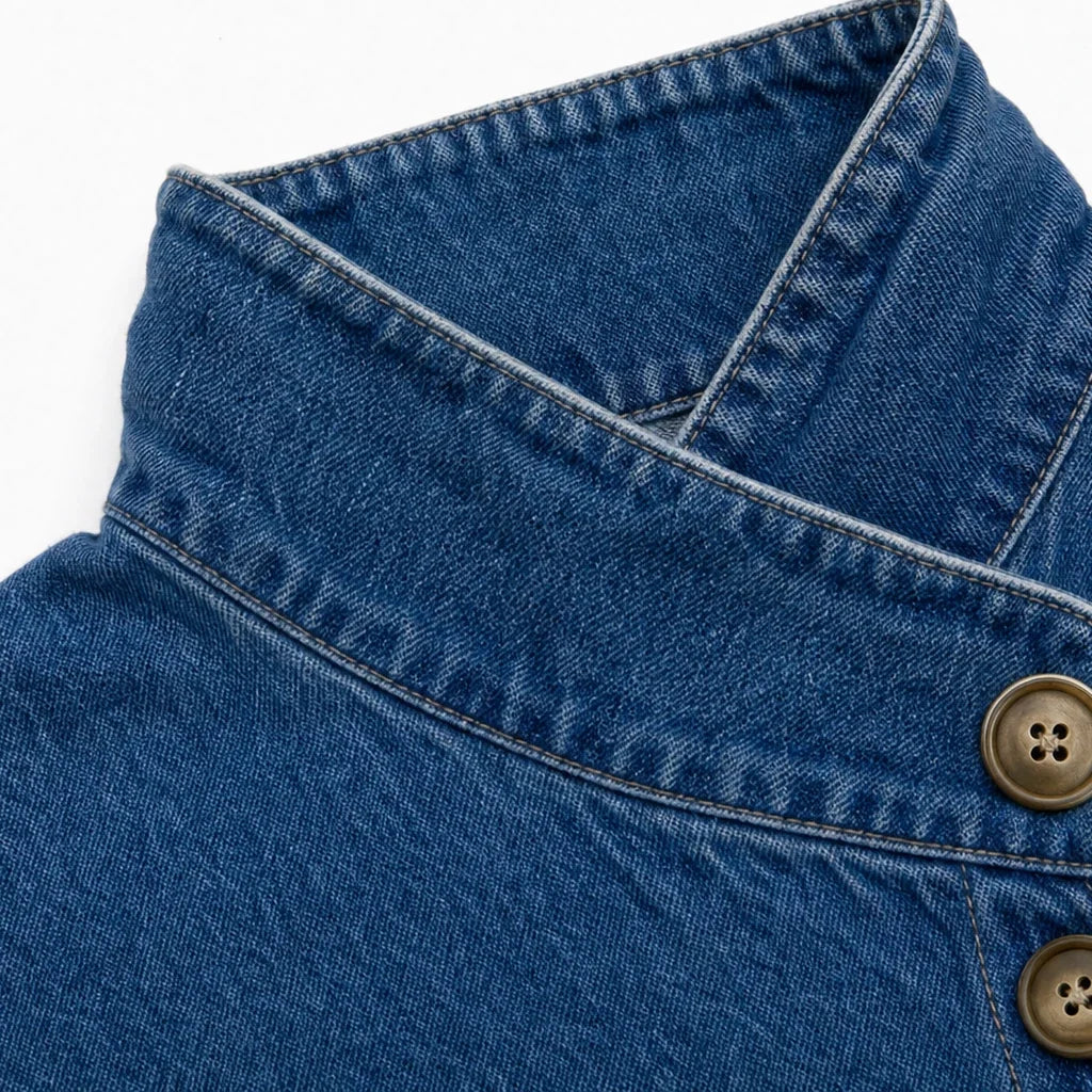 Close-up of the jacket's overlapping stand collar and button closure