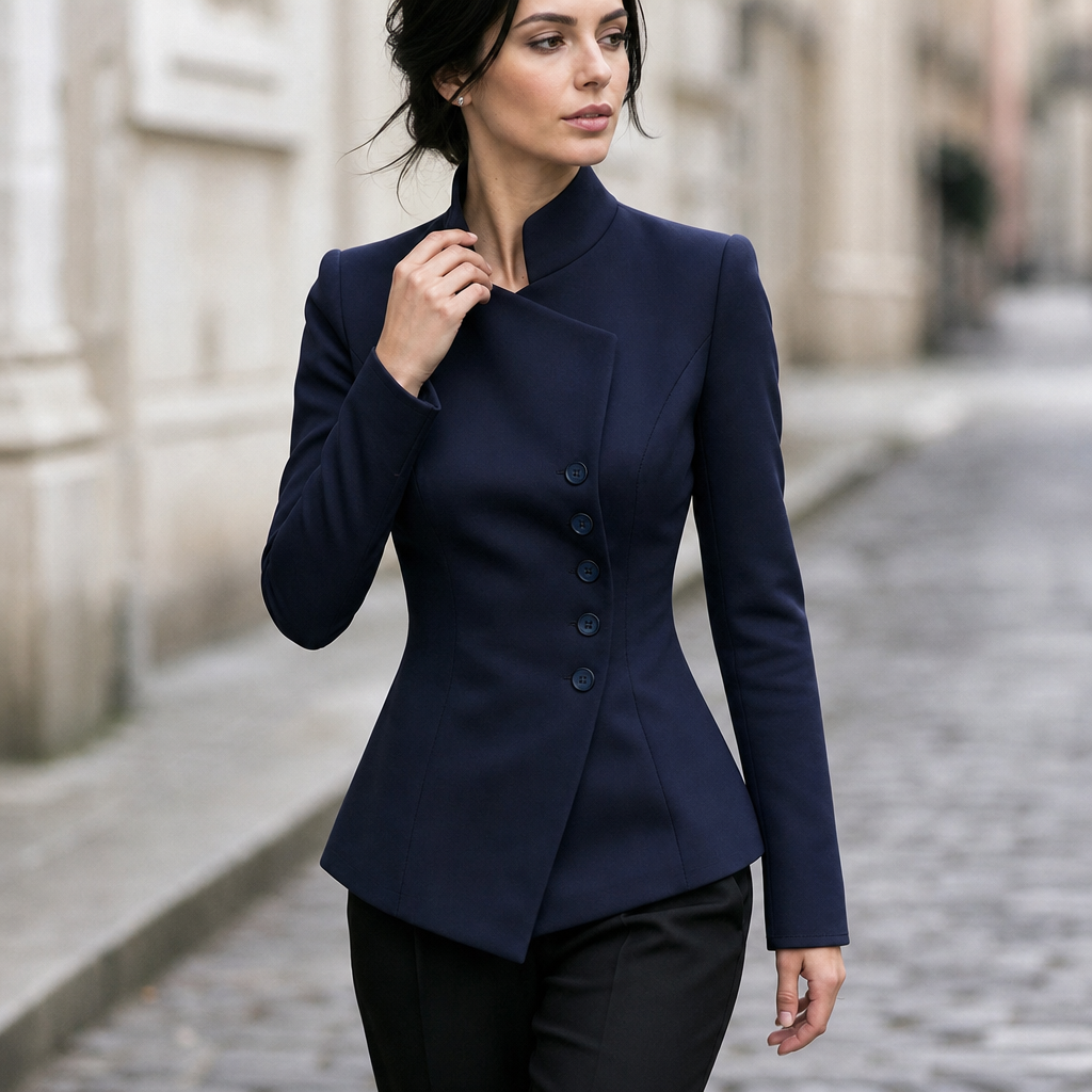 Asymmetric Button-Up Stand Collar Blazer