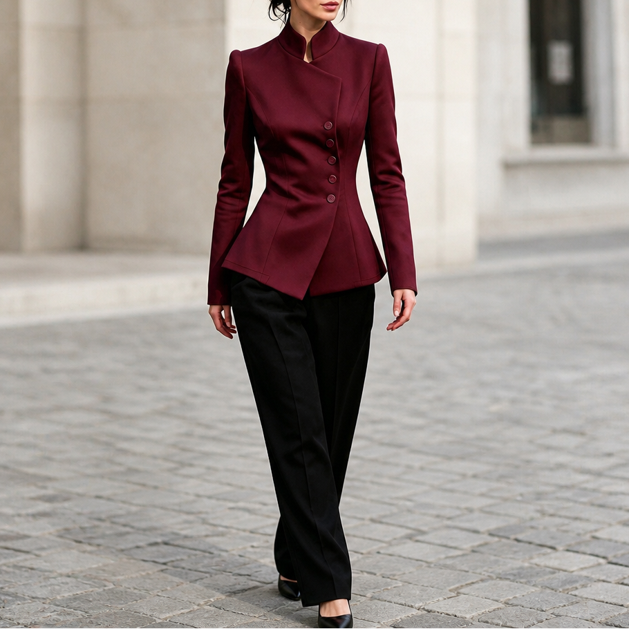 Asymmetric Button-Up Stand Collar Blazer