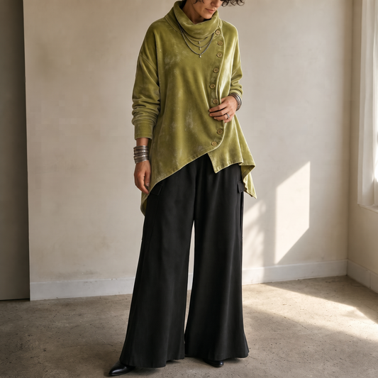 Green velvet turtleneck top with side drape and button front, long sleeves