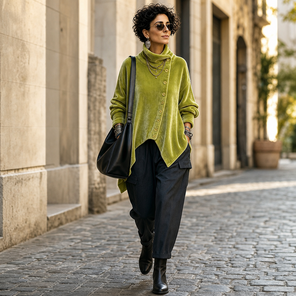 Green velvet turtleneck top with button-front closure and uneven hem detail